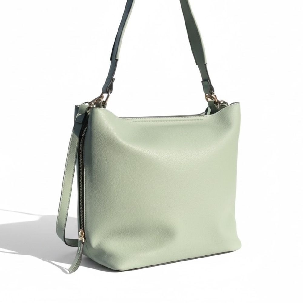 Tote Bag Vegan Leather Expandable Sage Green Zipper Sides Crossbody
